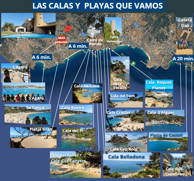 Mapa de calas y playas de S'Agaró, Platja d'Aro, Sant Antoni de Calonge y Palamós cerca del retiro de verano en Castell d'Aro Costa Brava