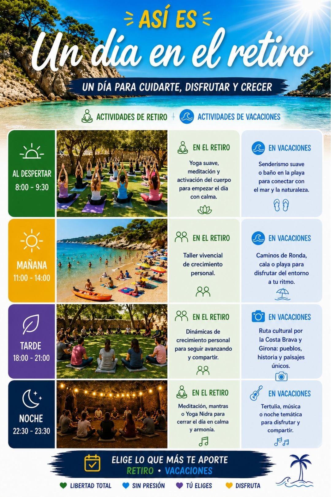 Planificación de un día en el retiro de verano en la Costa Brava con actividades de bienestar, yoga, meditación, playa y tiempo libre