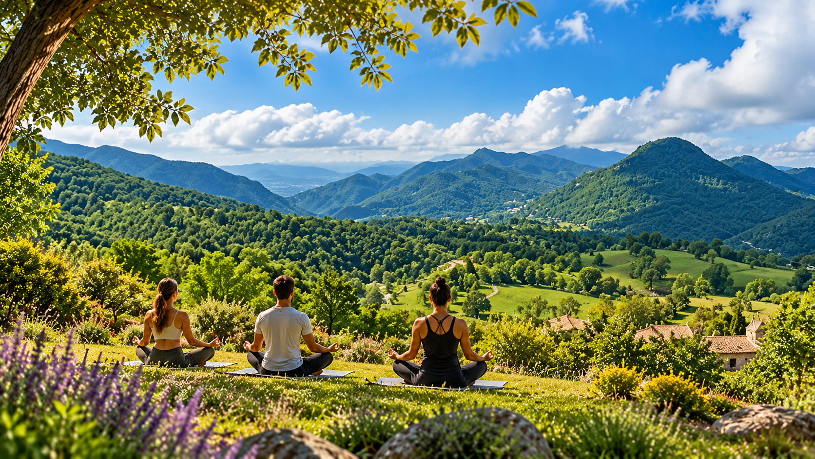 Tres personas meditando entre montañas verdes