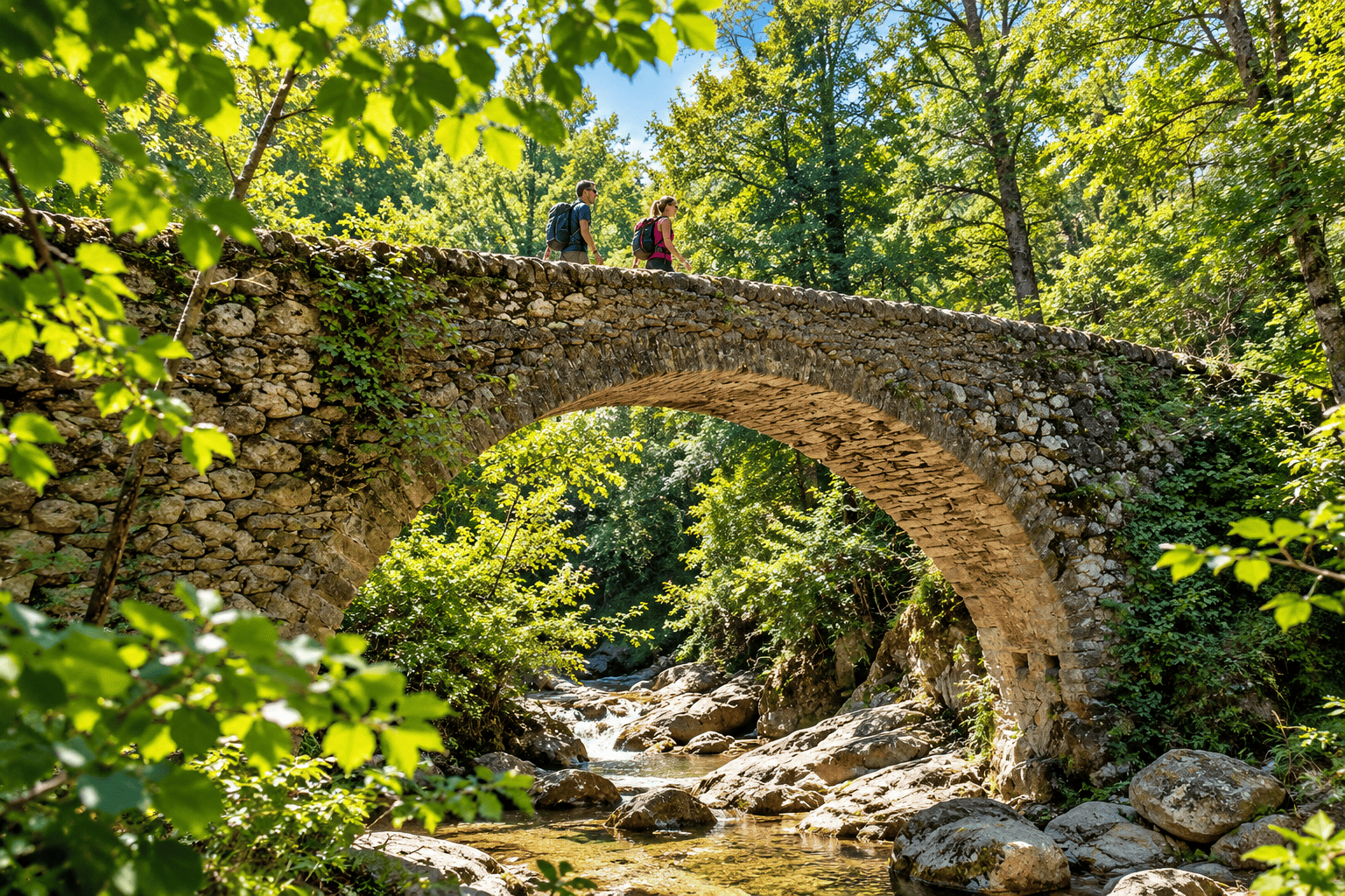 Puente medieval rodeado de bosques y ríos en el entorno de Vidrà