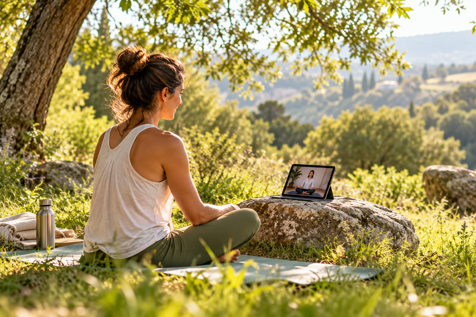 Mujer participando en un retiro desde la naturaleza